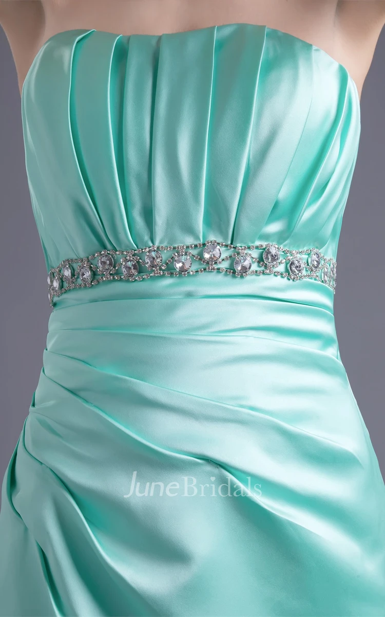 Strapless Satin A-Line Dress with Ruching and Gemmed Waist