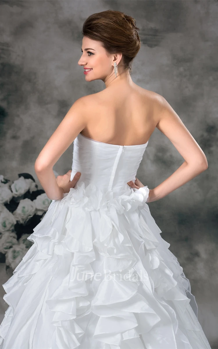 Strapless Ruffled Front-Split A-Line Dress with Ruched Bodice