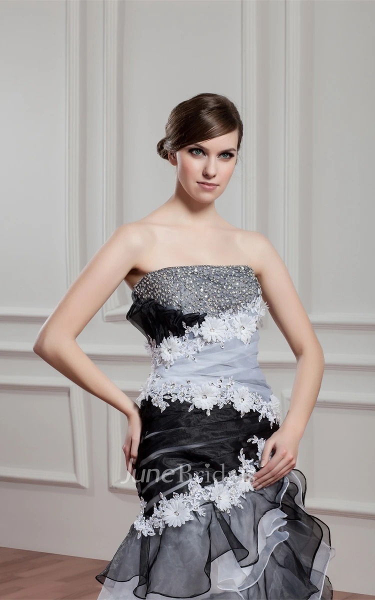 Black-And-White Tiered A-Line Gown with Flower and Rhinestone