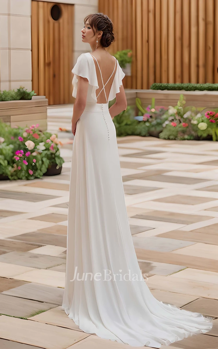 Modern Simple A-Line Butterfly Sleeve Wedding Dress Romantic Flowy Round Neckline Criss Cross Strap Back Court Train Garden Beach Bridal Gown