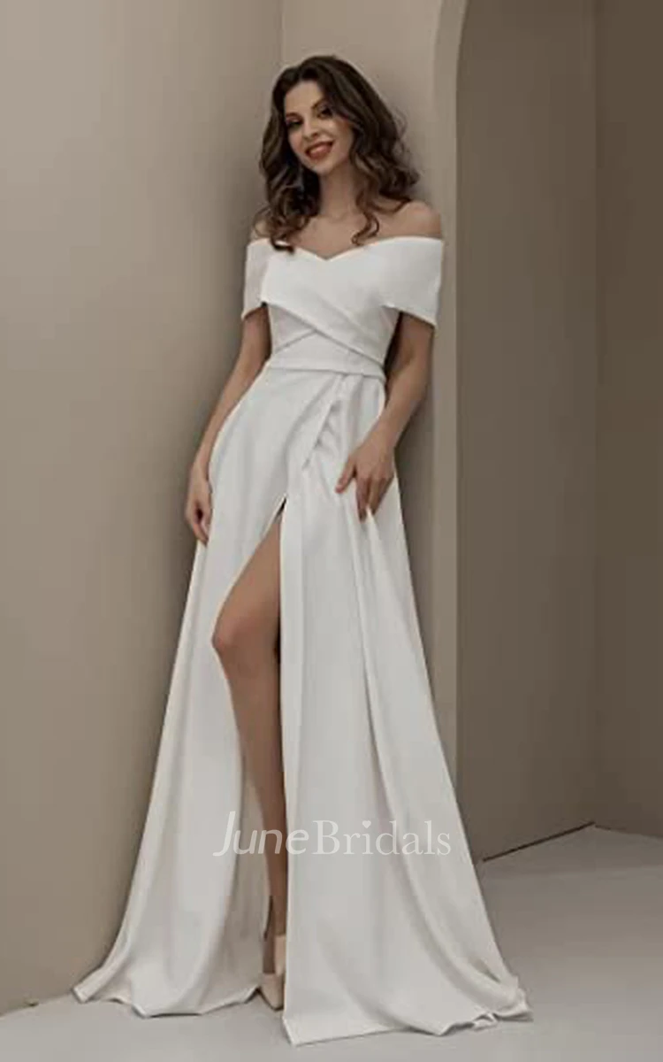 A-Line Satin Off-the-shoulder Wedding Dress Simple Elegant Romantic Garden With Open Back And Short Sleeves And Split Front