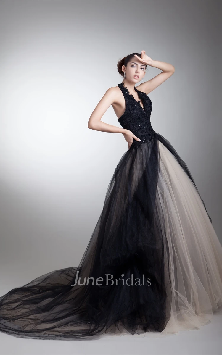 plunged jeweled ball sleeveless gown with halter and tulle overlay