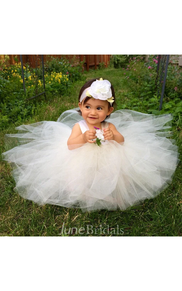 Satin Strap Pleated A-line Tulle Flower Girl Tutu Dresses With Satin Ribbon