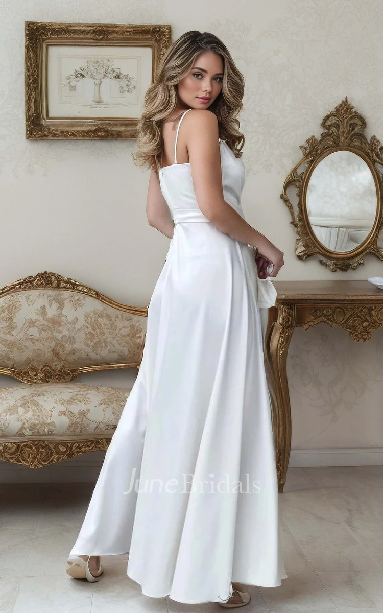 Simple Sexy Solid Beach A-Line Split Front V-neck Floor-length Sleeveless Zipper Straps Back Wedding Dress