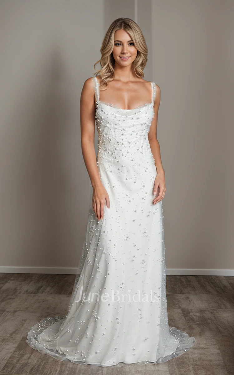 Modern Elopement Sheath Cowl Neck Pearl Wedding Dress Elegant Sparkly Wide Strap Floor Length Sweep Train Bridal Gown