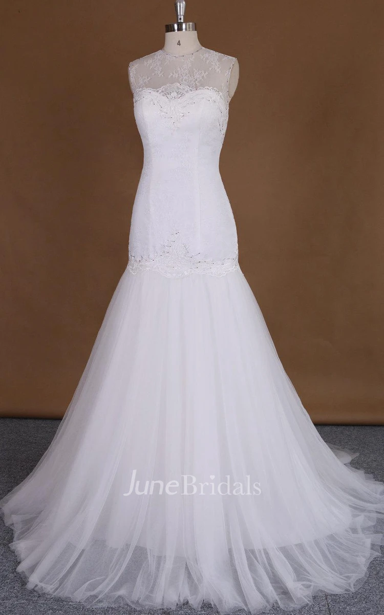 Mermaid Jewel Tulle Lace Satin Dress With Appliques Illusion