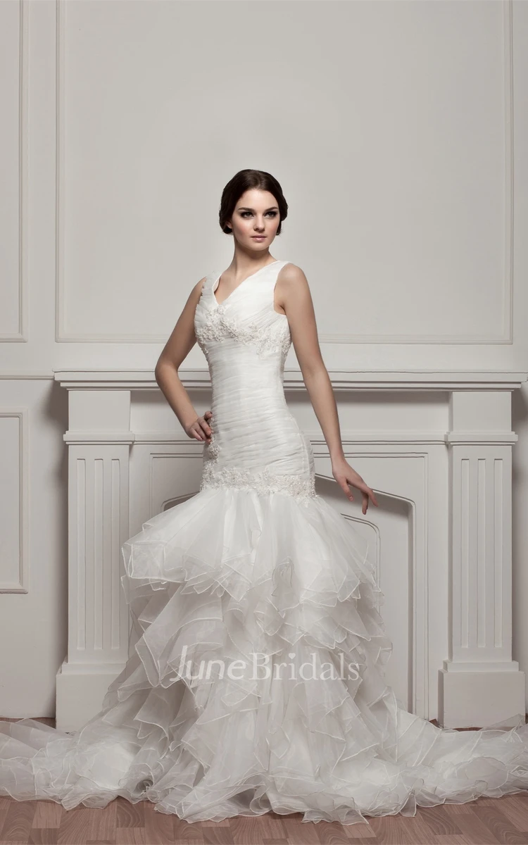 V-Neck Mermaid Ruffled Dress with Appliques and Tiers