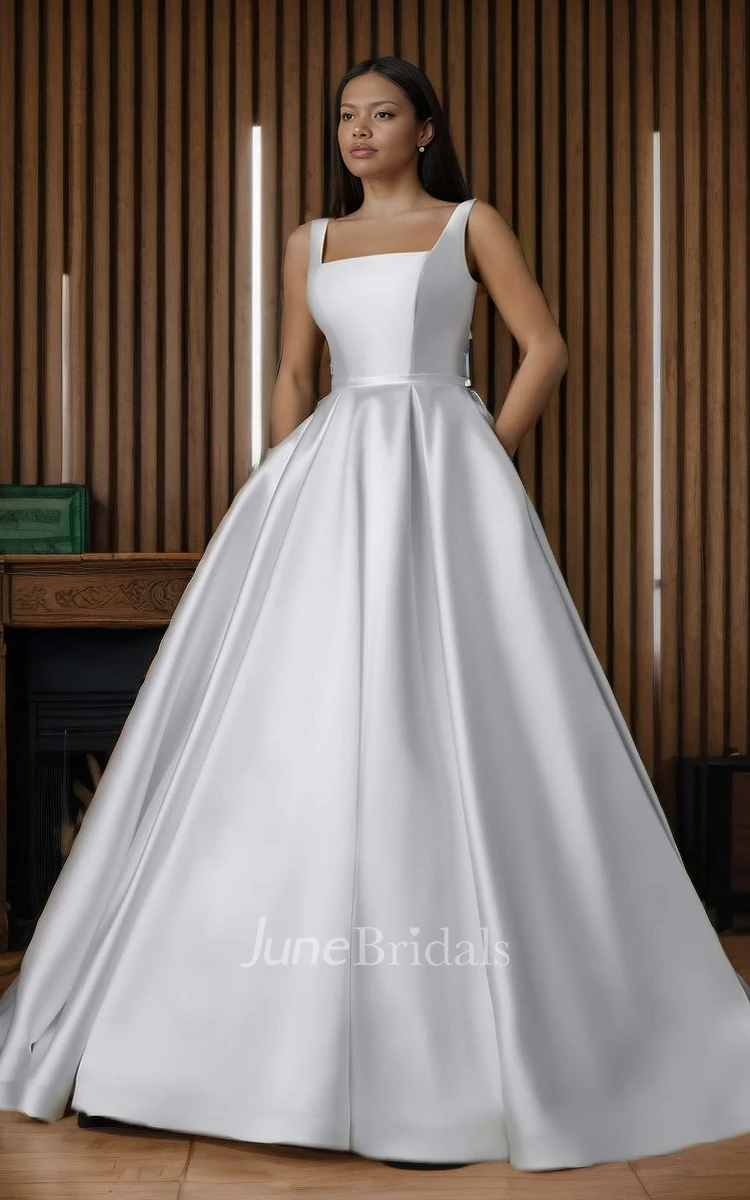 Modern Simple A-Line Square Neckline Ball Gown Wedding Dress Minimalist Elegant Plus Size Corset Back Floor Length Sweep Train Bridal Gown with Pocket