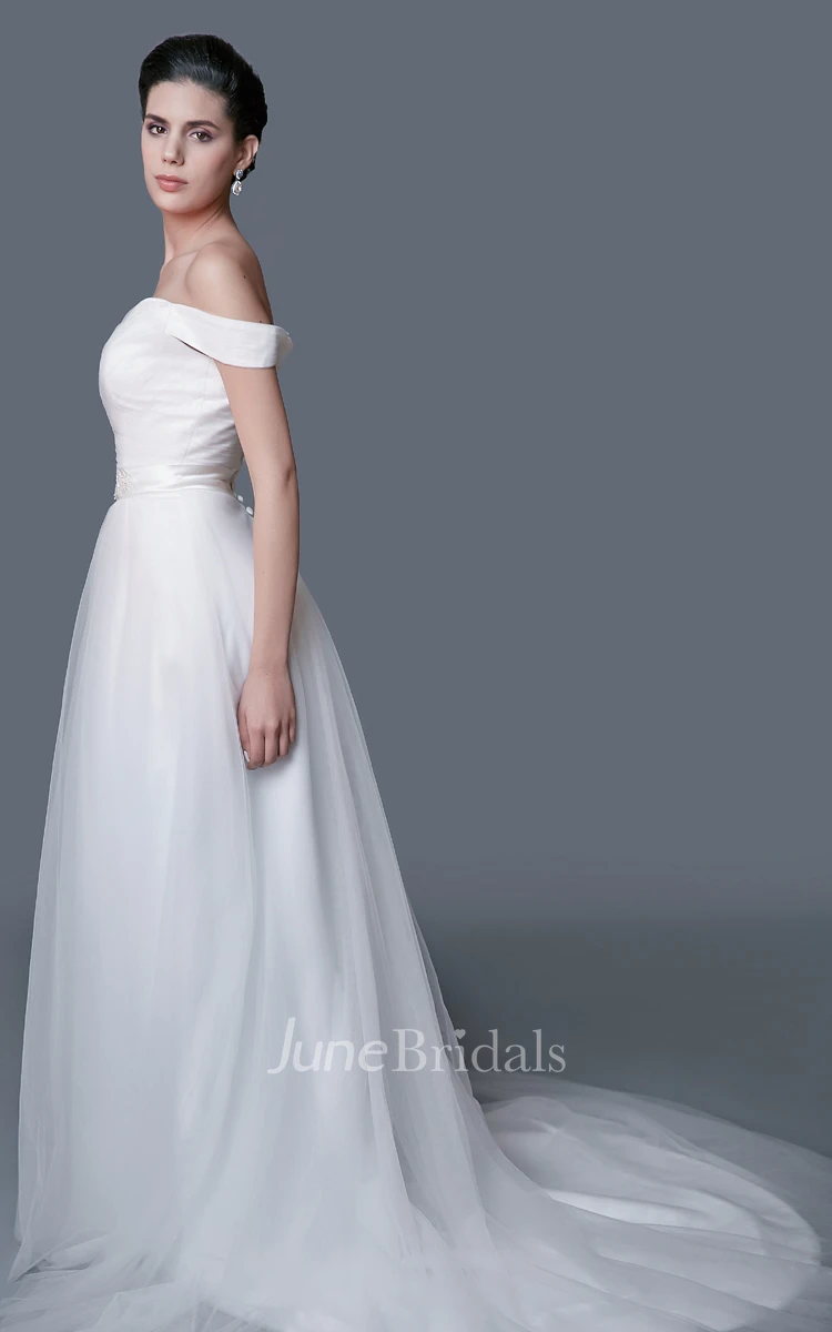 Elegant Off-the-shoulder A-line Tulle Dress With Low-V Back