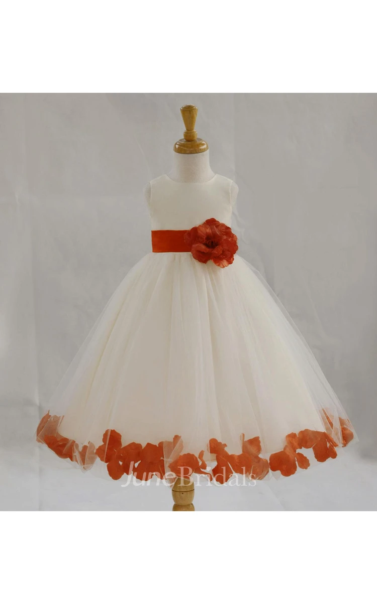 Ivory Flower Hemline Pleated Tulle Gown With Tie Sash and Petals