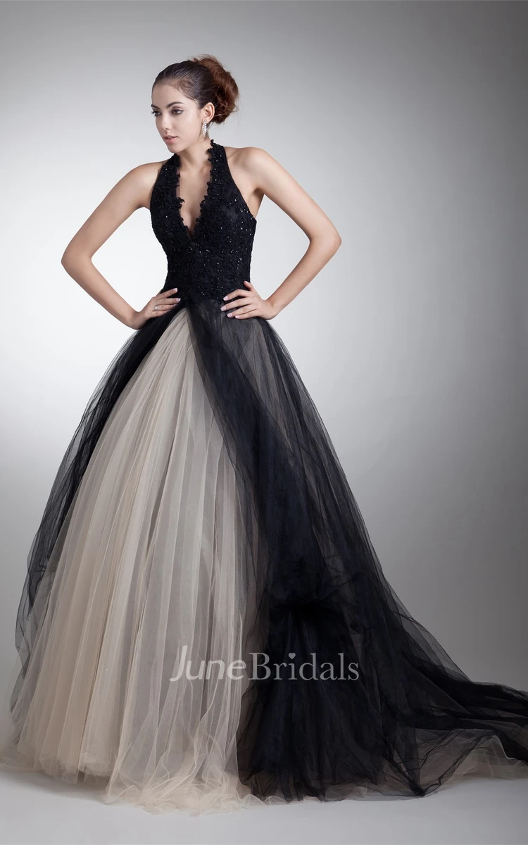 plunged jeweled ball sleeveless gown with halter and tulle overlay