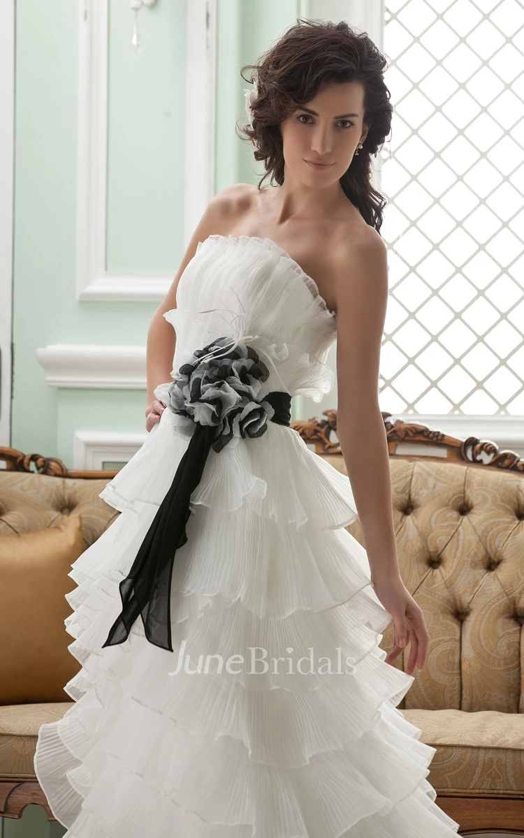 Strapless Ruffled A-Line Dress With Tiers and Ribbon