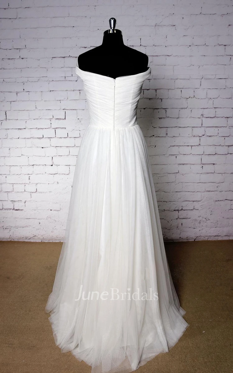 Plain Off-Shoulder Tulle Wedding Dress With Ruching and Pleats