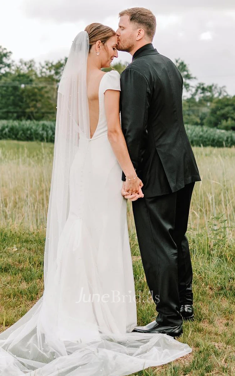 Gorgeous Satin Cap Sleeve Queen Anne Neck Deep V-Back Solid Garden Wedding Dress