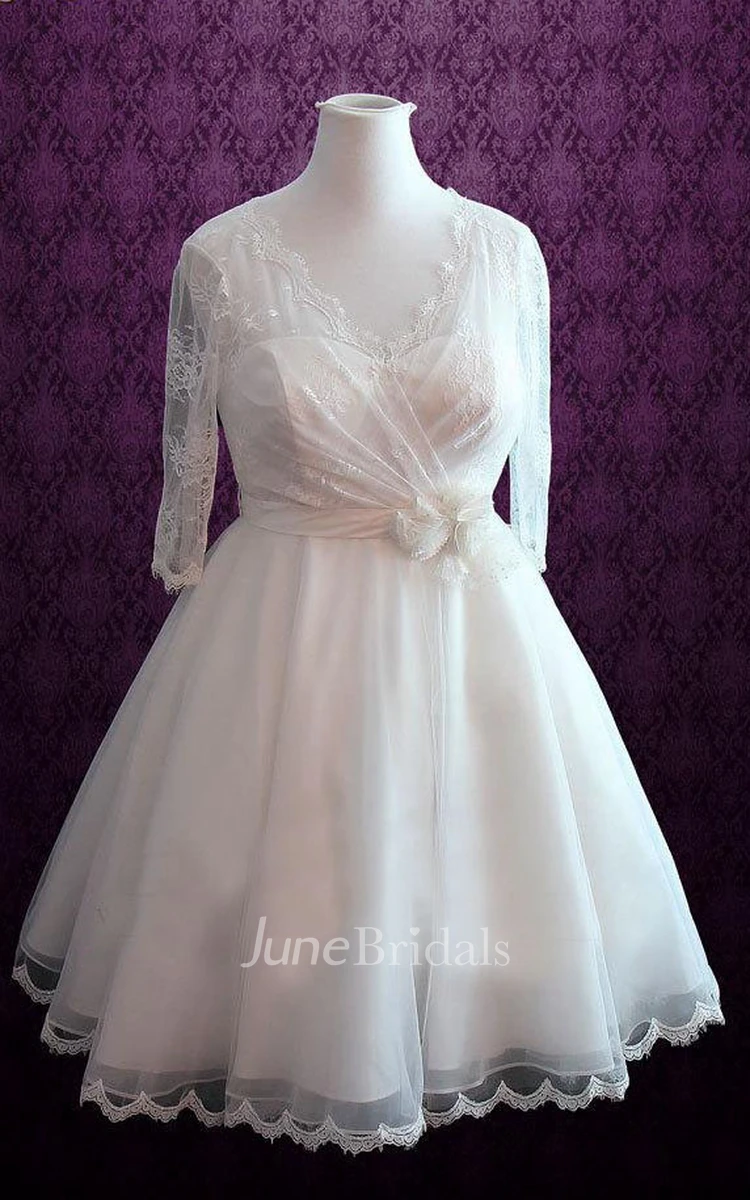 V-Neck Half Sleeve Short Wedding Dress With Lace Illusion Back