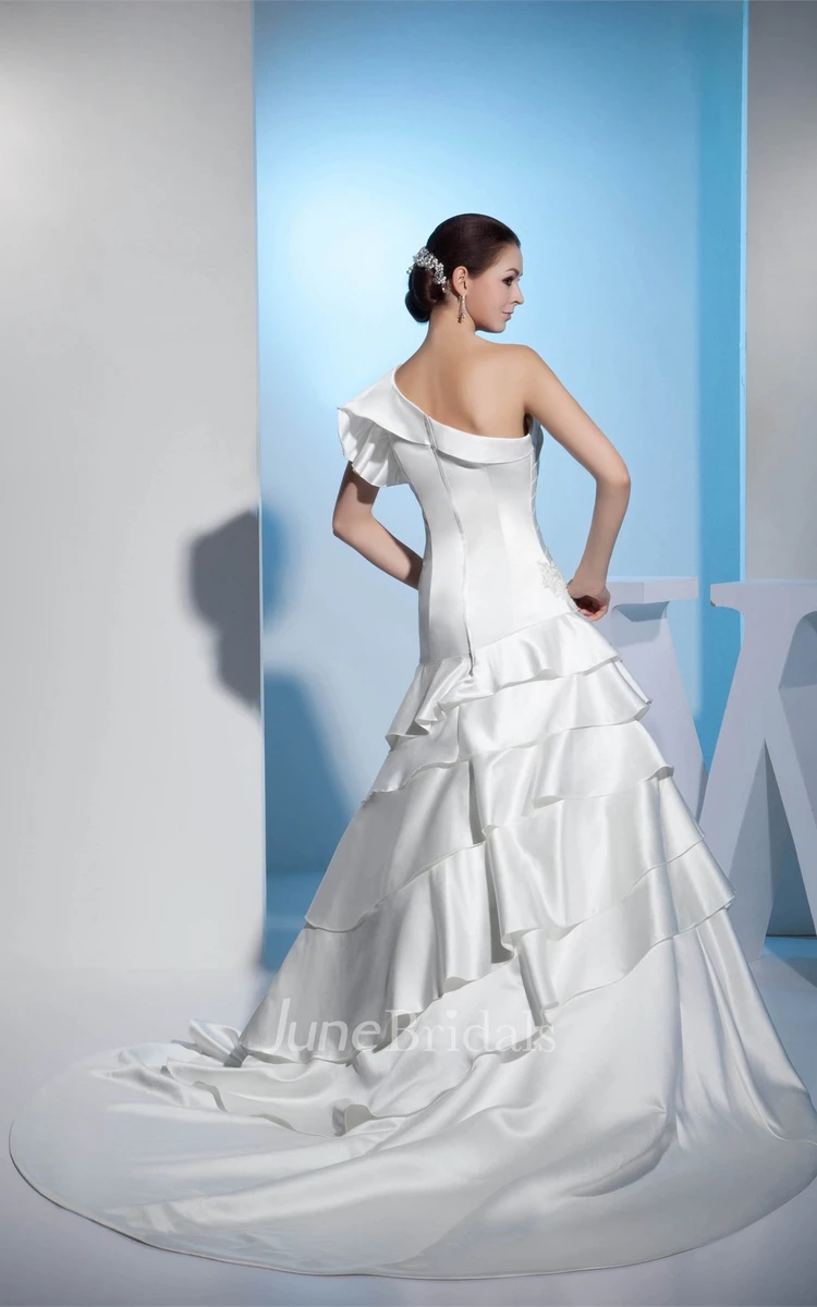 One-Shoulder Ruched A-Line Gown with Tiers and Appliques