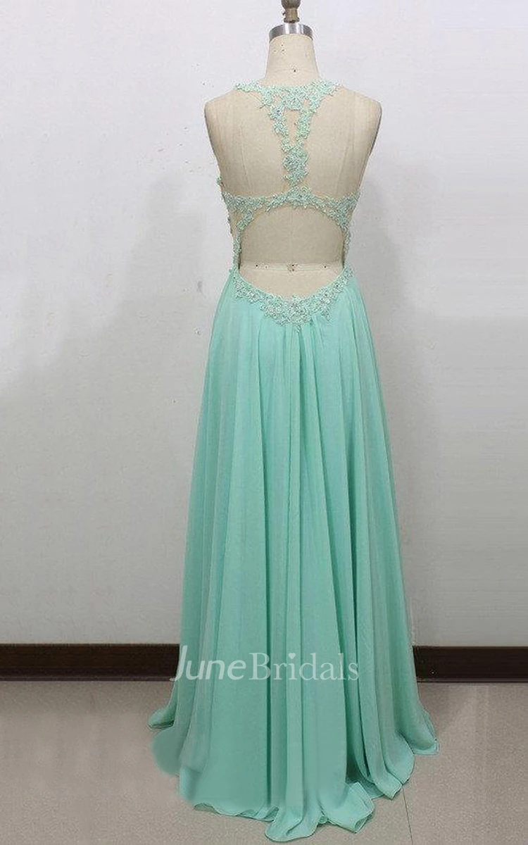 Sleeveless Scoop Neckline Chiffon Dress With Lace Appliques