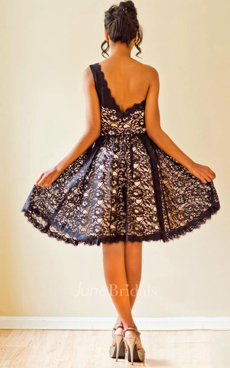 Custom Short Black Lace Over Bright Champagne One Shoulder Bridesmaid Prom Homecoming Dress