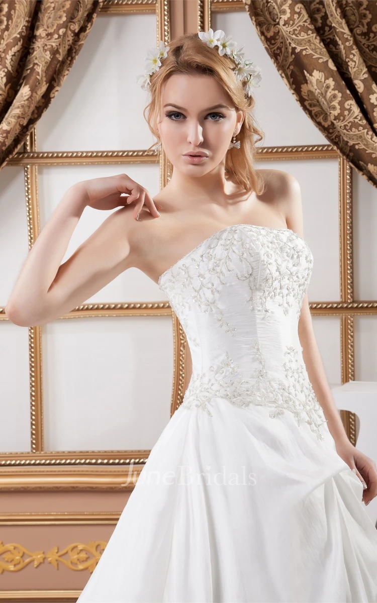 Strapless Embroidered Ball Gown with Ruching and Beading