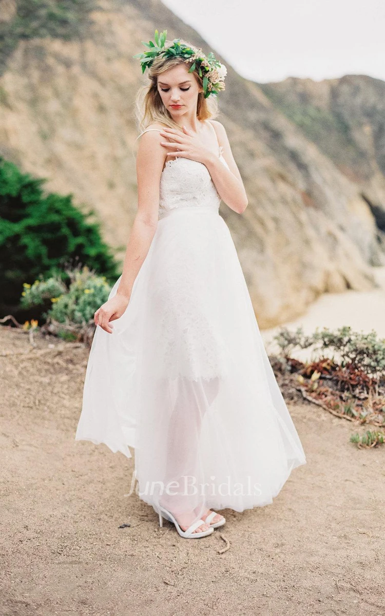 Boho Flowy Soft Transparent Tulle Wedding Dress With Lace Bodice