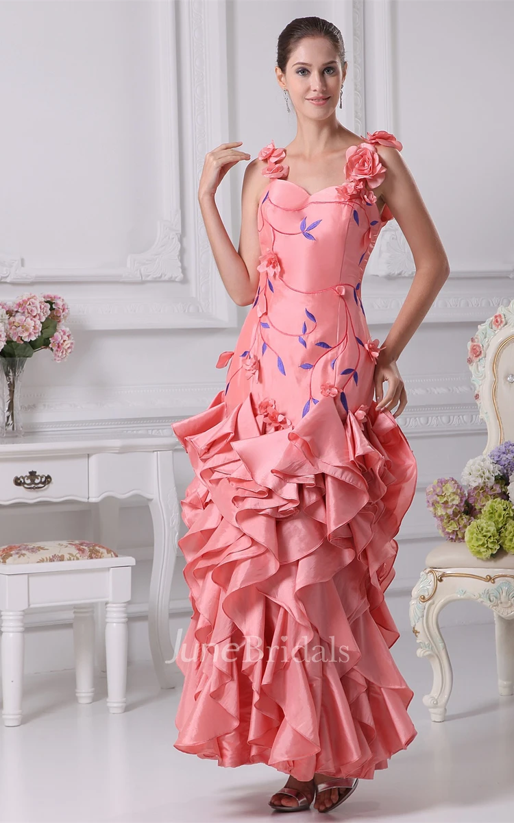 Sleeveless Embroidered Ankle-Length Dress with Cascading Ruffles