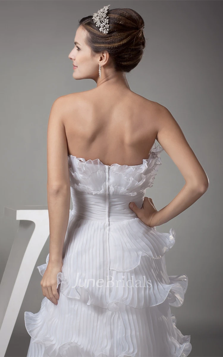 Strapless A-Line Tiered Dress with Flower and Overall Ruched Design