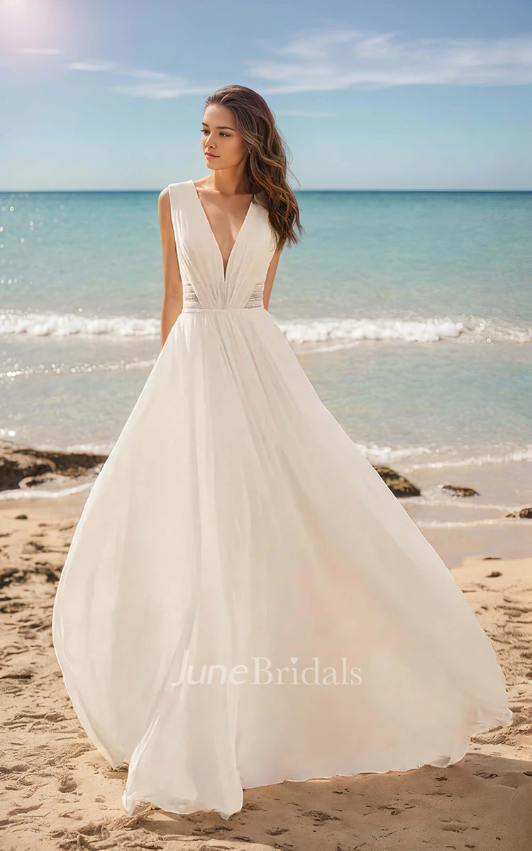 Solid Chic Chiffon Lace A-Line Plunging Neckline Wedding Dress Simple Elegant Ethereal Floor-length Backless Sleeveless Bridal Gown with Train