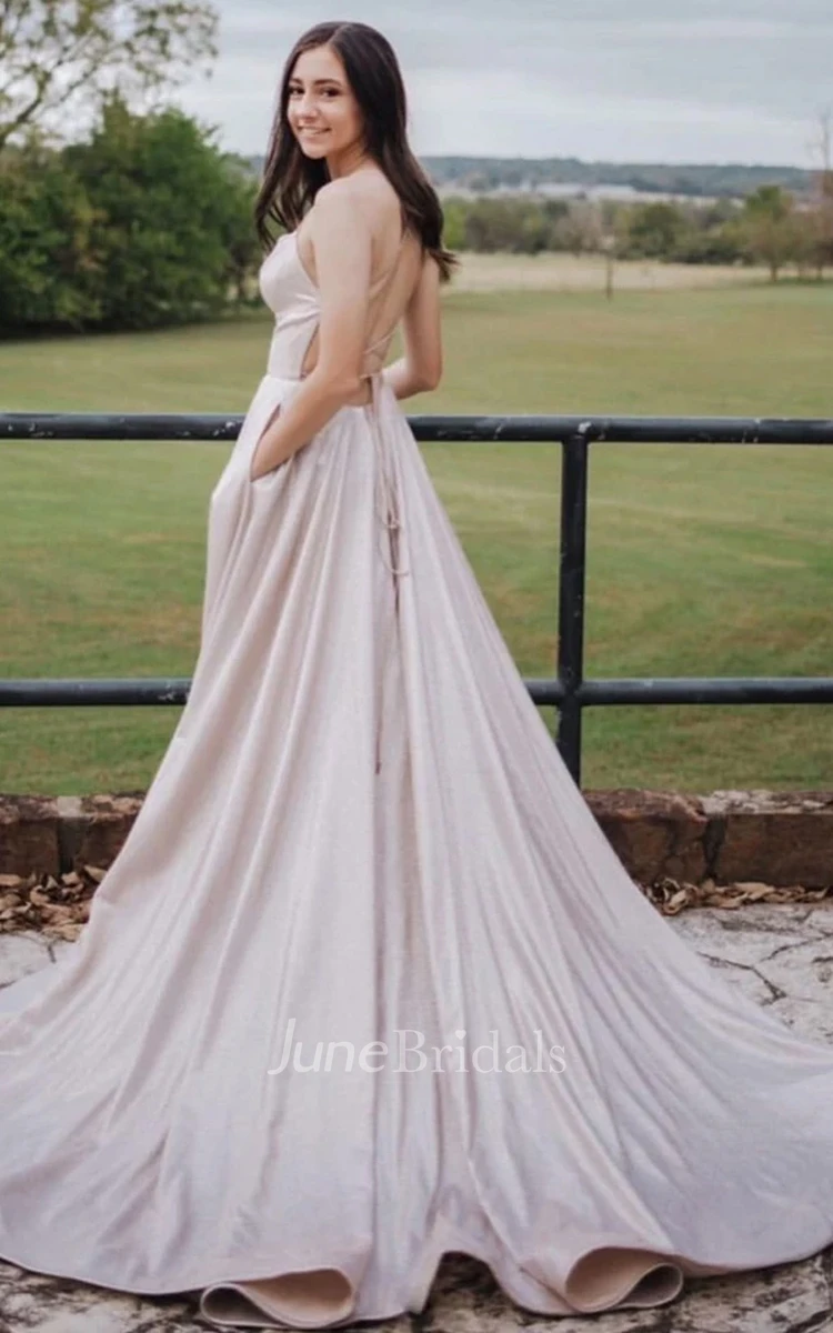 Elegant A Line Satin Court Train Sleeveless Prom Dress with Ruching