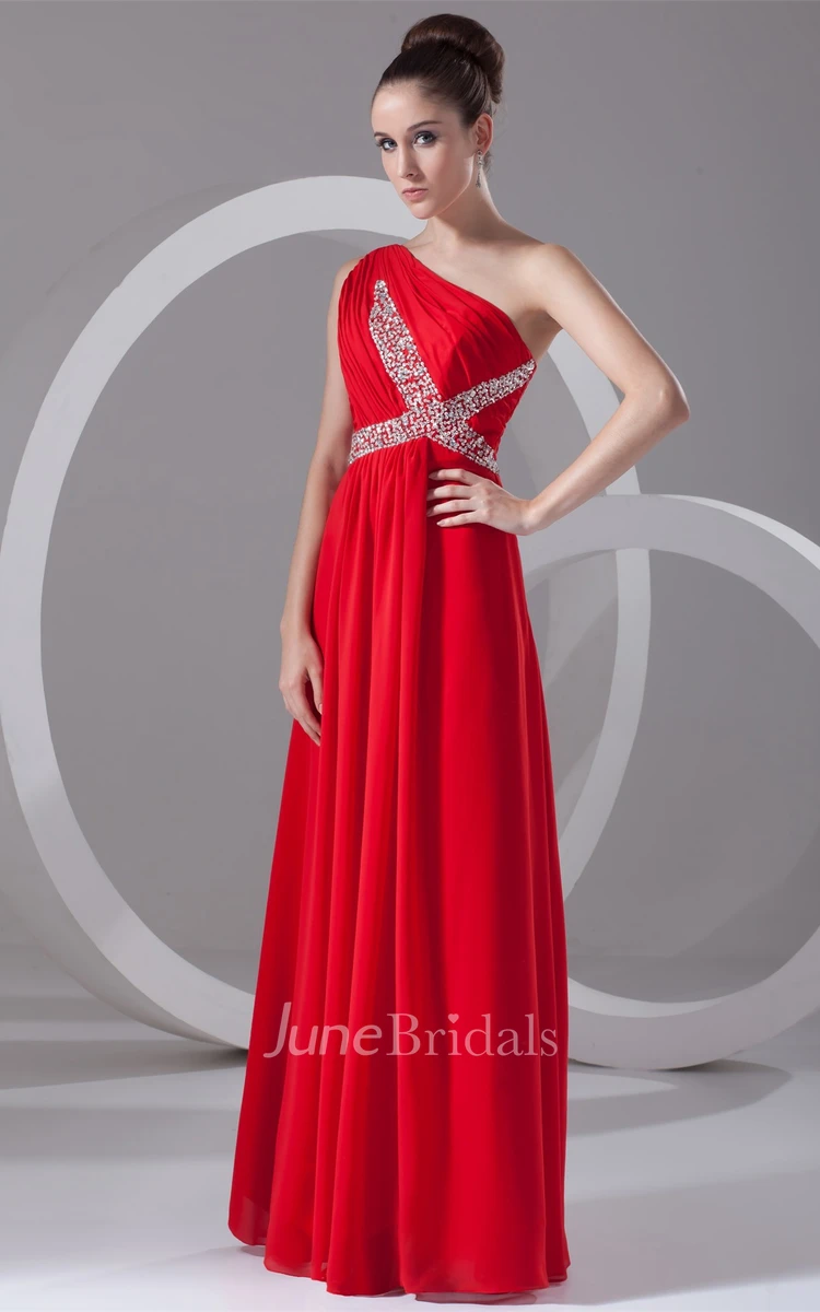 one-shoulder ankle-length chiffon dress with cross beading and ruching