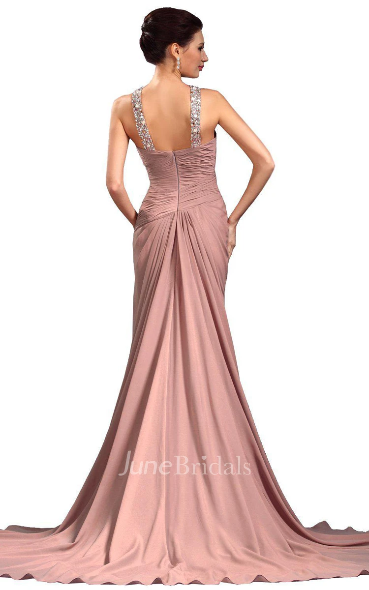 Jeweled-neck Front Slit Ruched Chiffon Gown