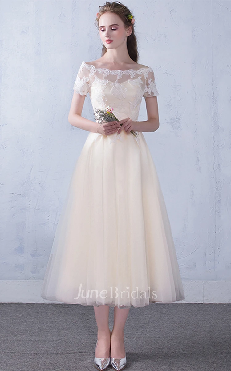 Vintage Lace Tulle Off-the-shoulder A Line Formal Dress With Appliques