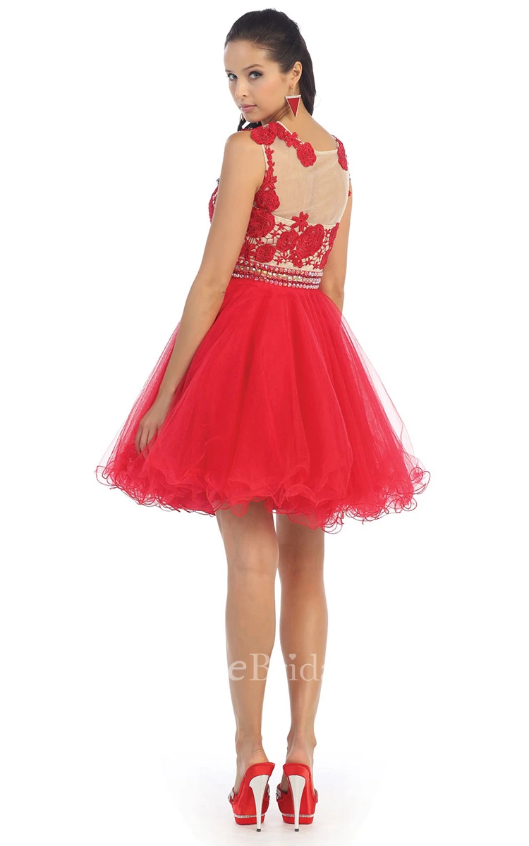 A-Line Short Scoop-Neck Sleeveless Tulle Illusion Dress With Ruffles And Appliques