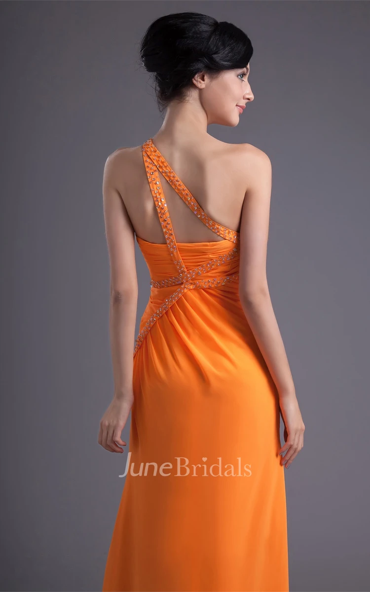 One-Shoulder Chiffon Front-Split Dress with Jewels