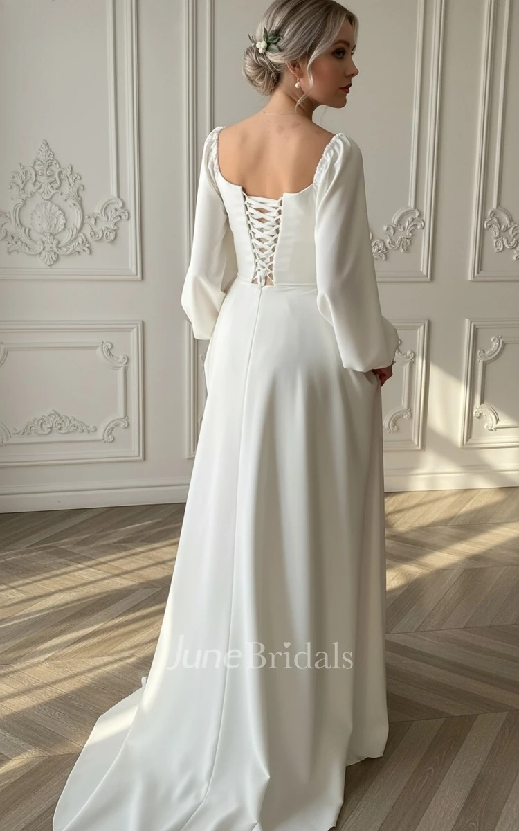 Elegant A-Line Square Neck Wedding Dress with Long Puff Sleeves Lace-Up Back Bridal Gown for Ceremony