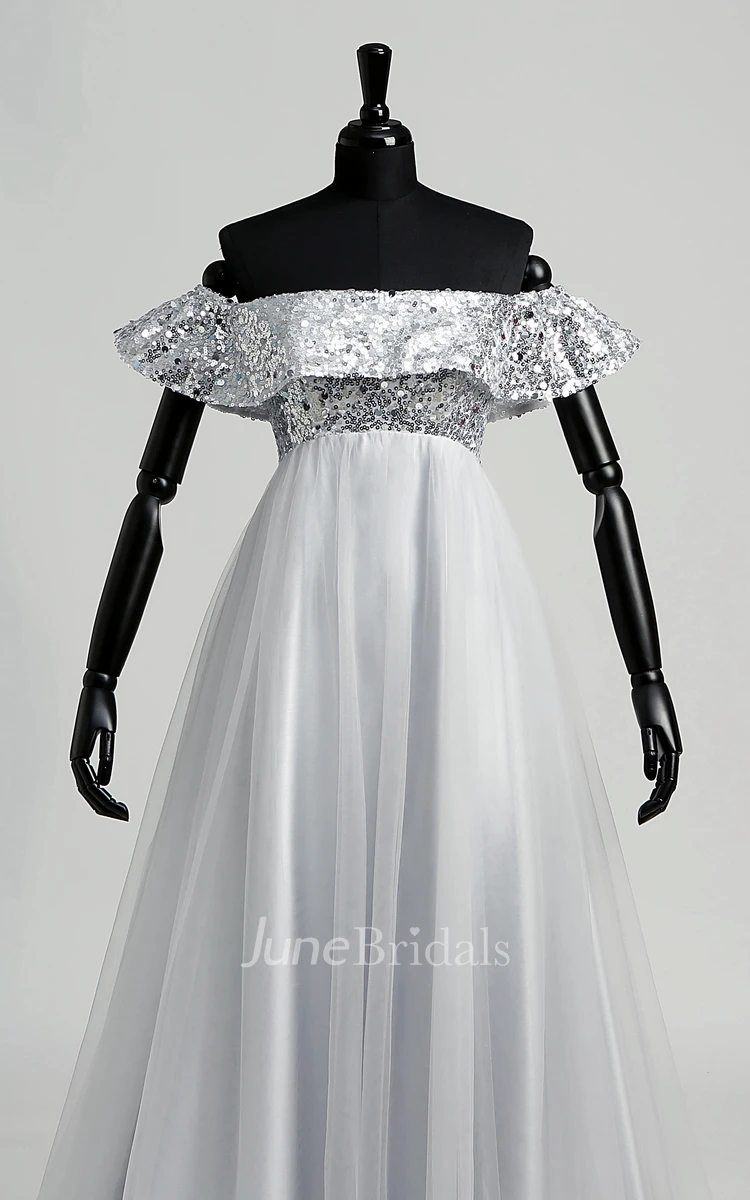 Strapless Sequined Bodice Empire Pleated Tulle Dress