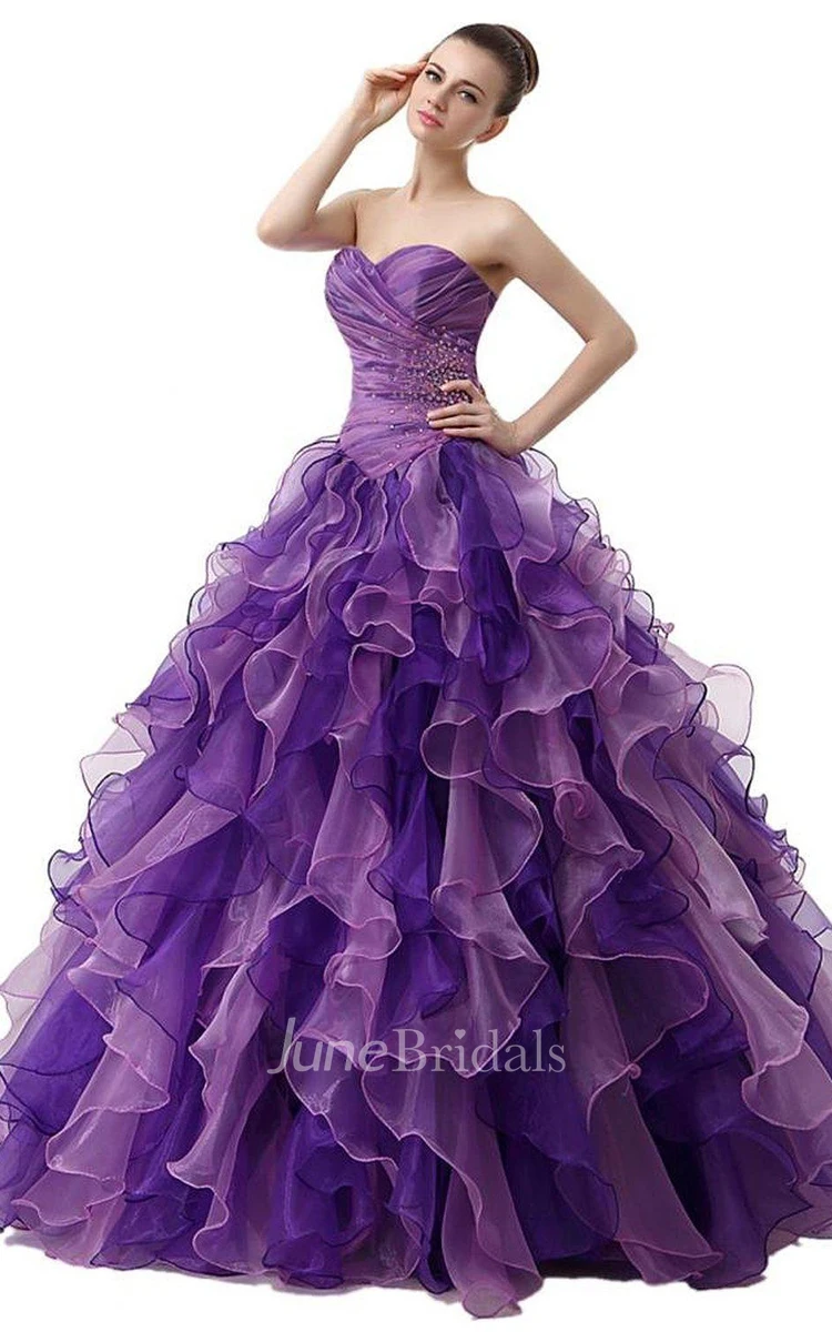 Dreaming Sweetheart Ruched Ball Gown With Cascading Ruffles and Rhinestones