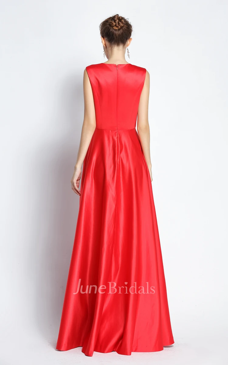 A-Line Jewel Sleeveless Floor-length Satin Prom Dress with Beading