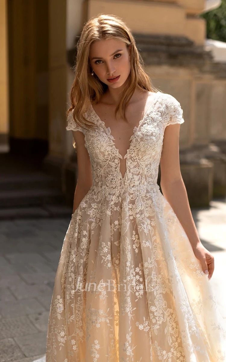 Romantic A-Line Plunging Neckline Lace Wedding Dress With Zipper Back And Appliques