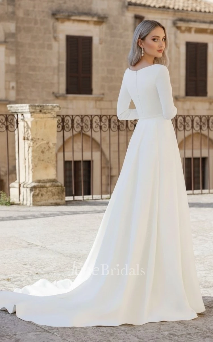 Modest Long Sleeves Bateau Spring Wedding Dress Minimalist LDS White A-Line Bridal Gown