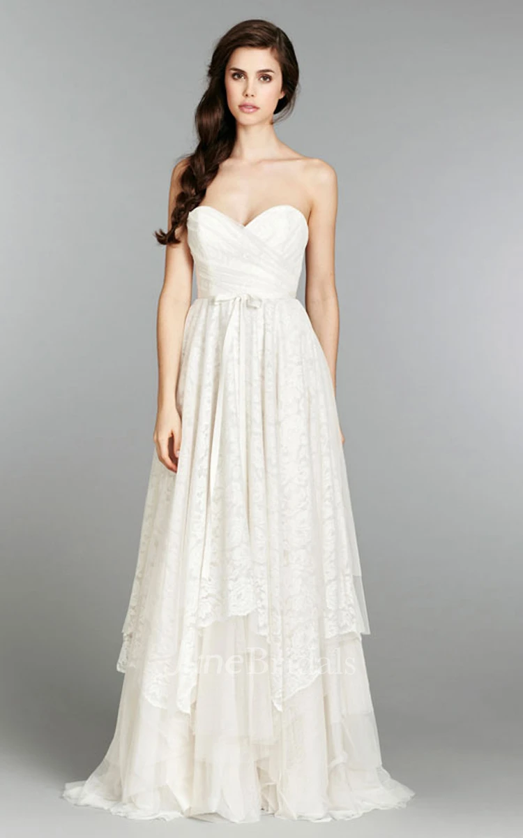Angelic Sweetheart Neckline Crisscross Ruched Bodice a Line Lace Dress