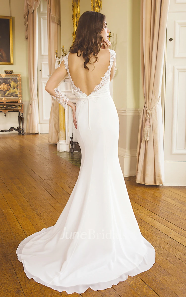 Mermaid Maxi V-Neck Illusion Sleeve Appliqued Chiffon Wedding Dress