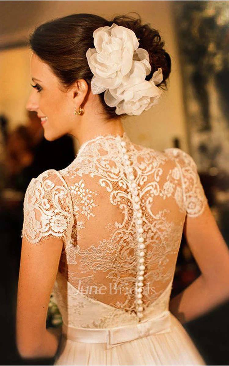 Elegant Scoop Cap Sleeve Chiffon Wedding Dress With Lace