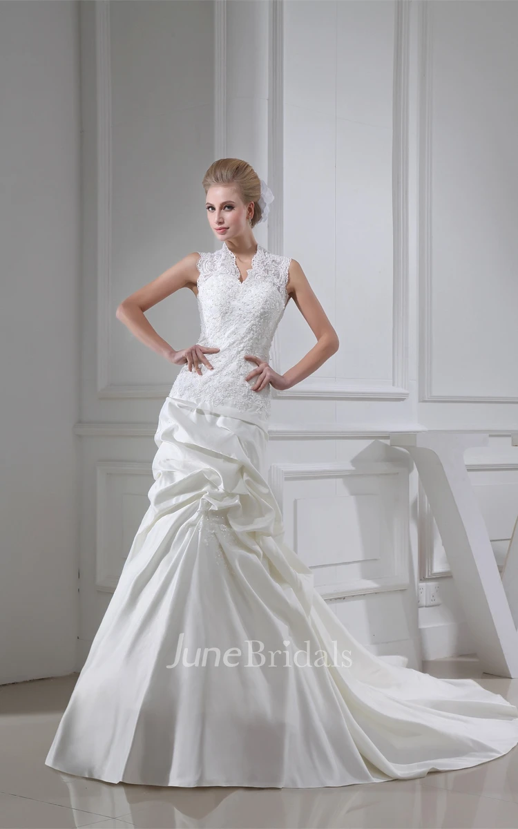 Sleeveless Pick-Up A-Line Ball Gown with Stress and Appliques