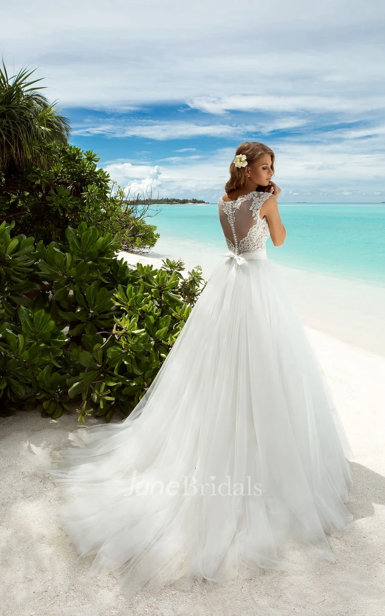 A-Line Floor-Length Scoop-Neck Sleeveless Illusion Tulle Dress With Beading And Lace