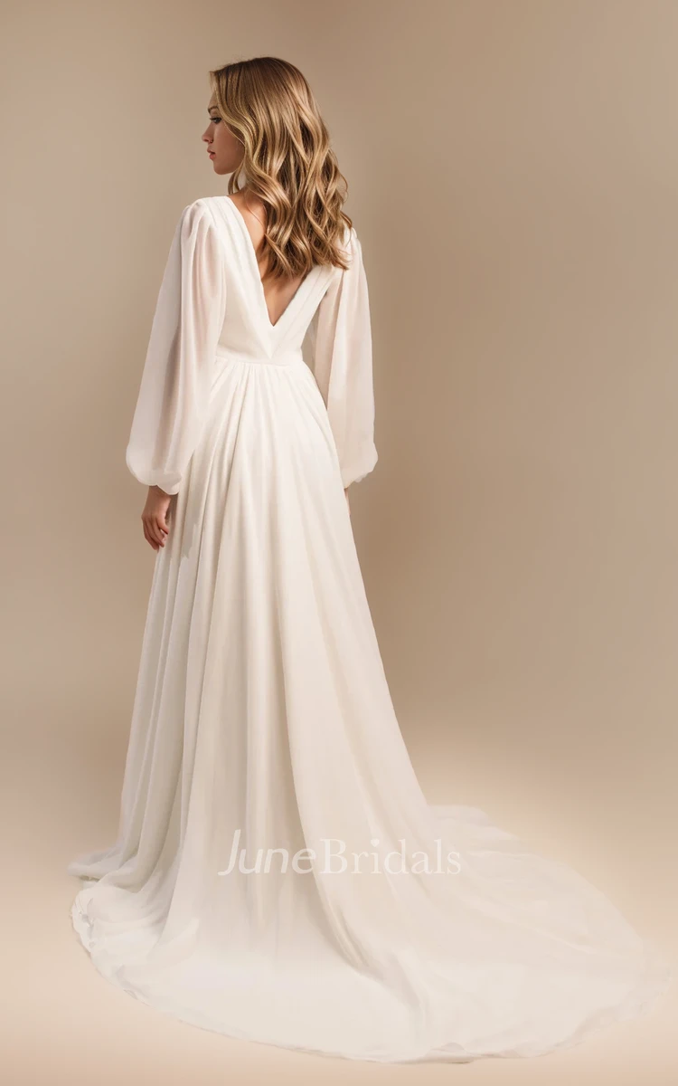 Floor-length Long Balloon Sleeve A-Line V-neck Simple Elegant Solid Plus Size Wedding Bride Dress with Train Deep-V Back