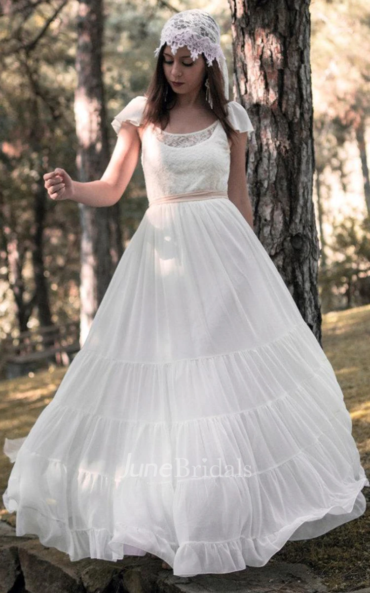 Scoop-Neck Poet-Sleeve Chiffon Wedding Dress With Lace And Bow