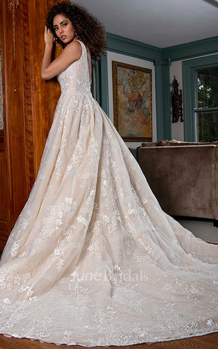 Simple Square Sleeveless Court Train Tulle A Line Wedding Dress with Appliques