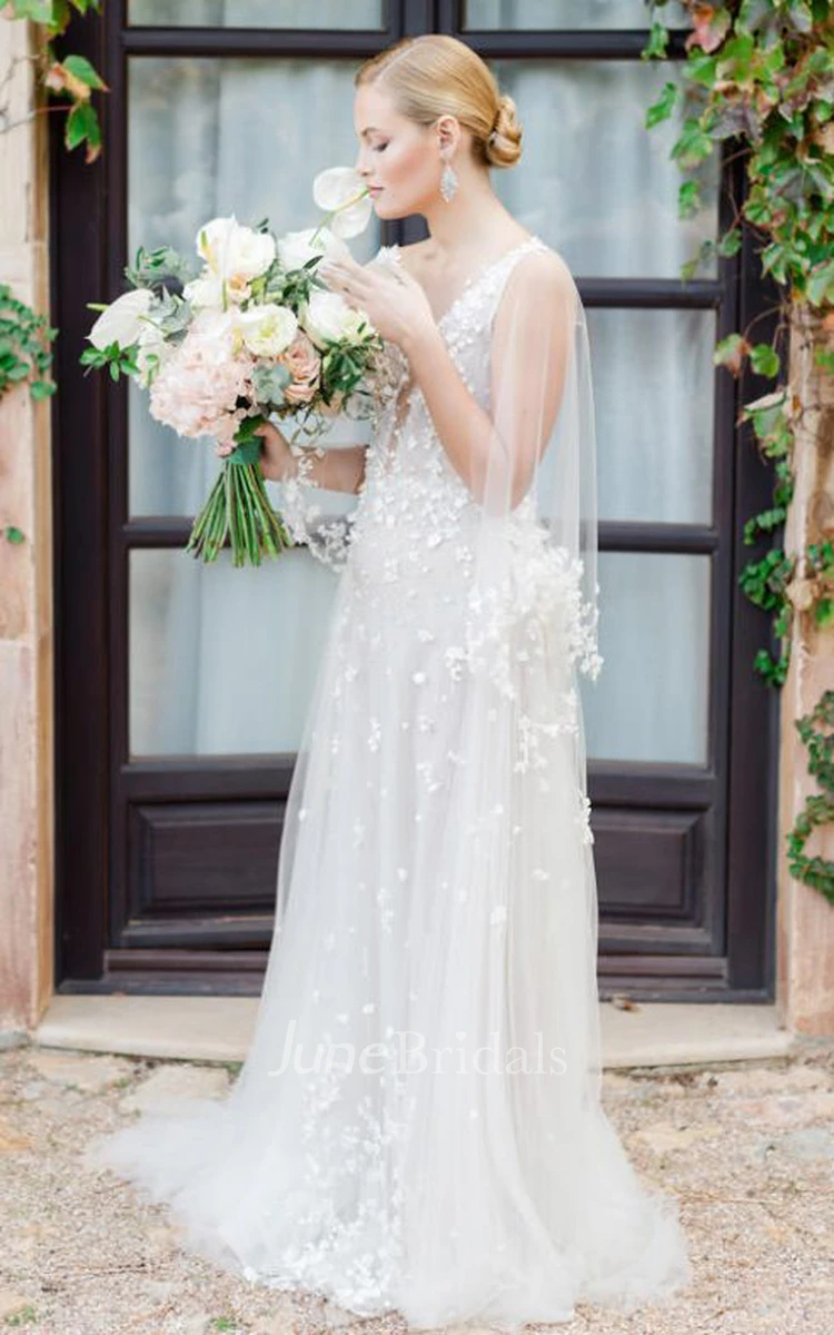 Bohemian A-Line Plunging Neckline Tulle Wedding Dress With Open Back And Appliques