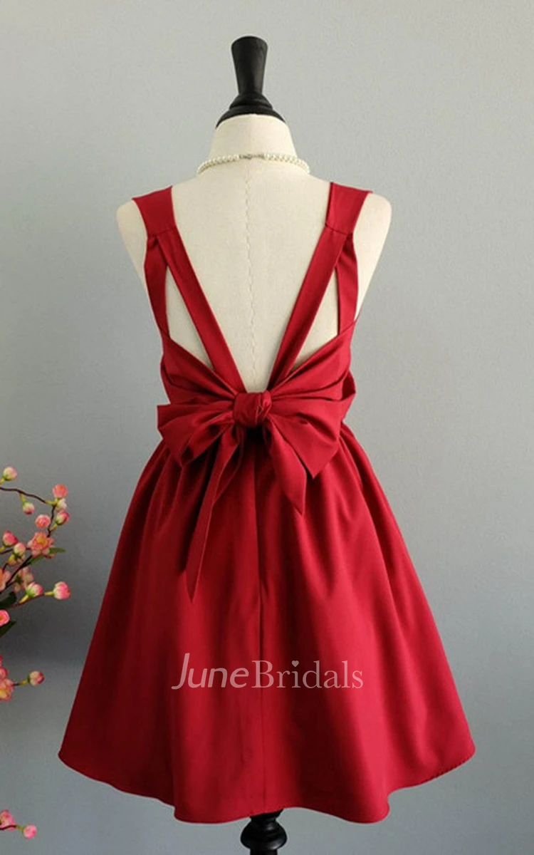 Sleeveless Short A-line Satin Dress With Bow And Open Back