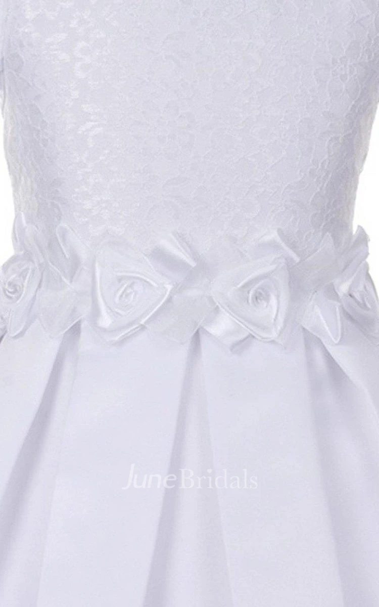 Short-sleeved A-line Dress With Lace Bodice and Flower